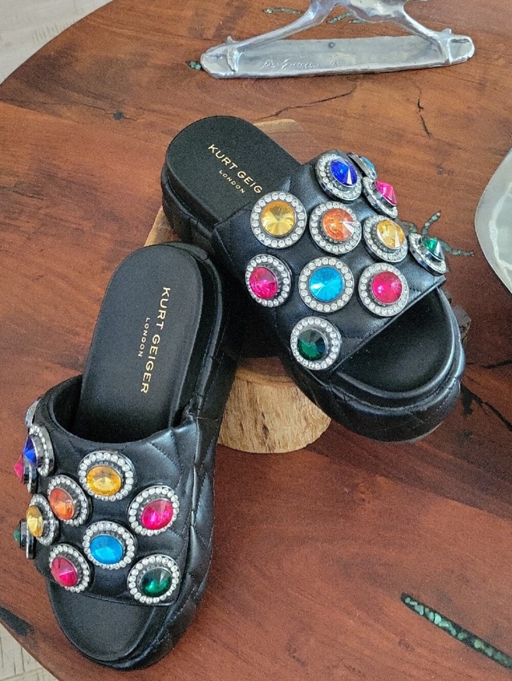 Kurt Geiger Black Quilted Slide Sandals with Colorful Jewel Embellishments - Picture 10 of 12